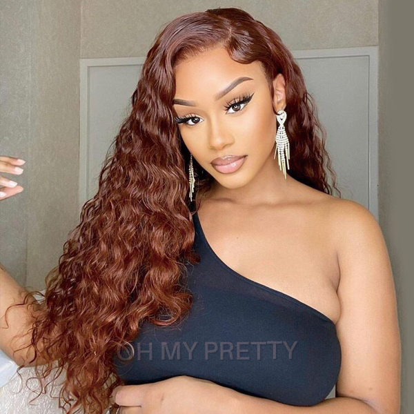 22 Inch Wig Reddish Brown Color Water Wave 6x4 Lace Wig