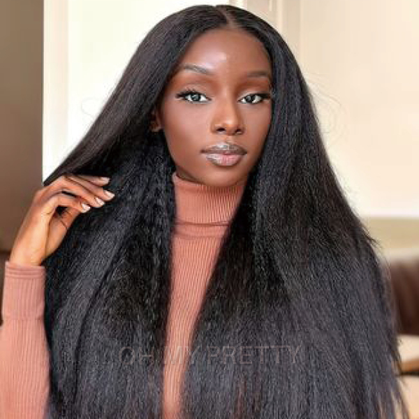 OhMyPretty V Part Kinky Straight Wig Thin Part Human Hair Glueless Wig Beginner Friendly No Lace Protective Style