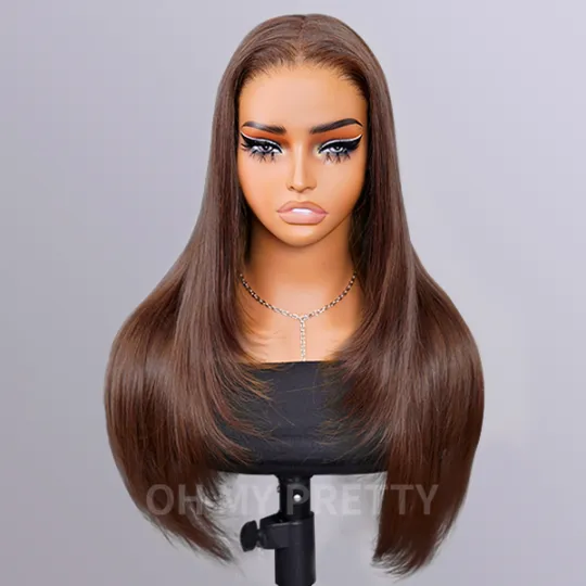 Chocolate Brown Color Layered Cut Straight Wear Go Glueless 6x4 Lace Wigs