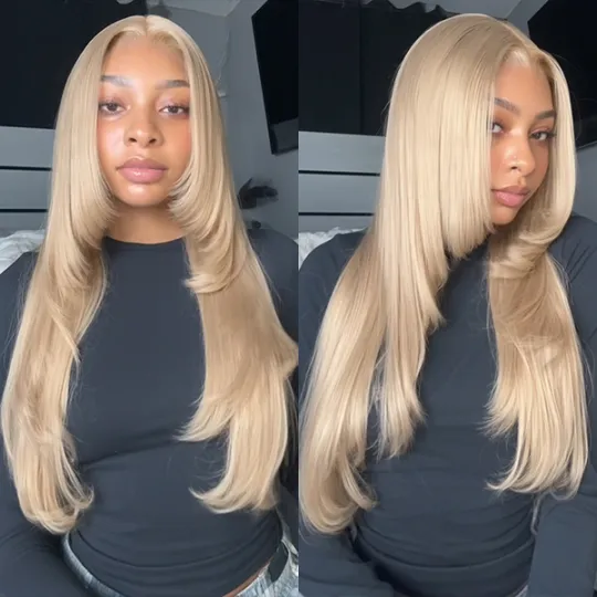 Glueless Layered Cut Ash Blonde Color Straight Wear Go 6x4 Lace Wigs