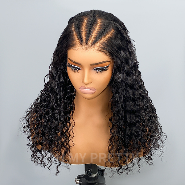 Braided Lace Front Wig 3 Braids Parting At Crown Water Wave Glueless Wig