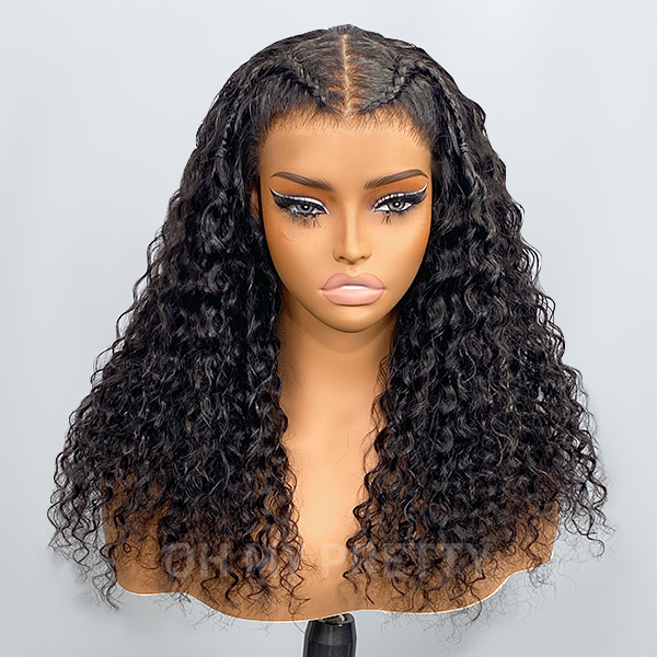 OMpretty Braided Lace Front Wig Water Wave Glueless Wig With Pre-bleached