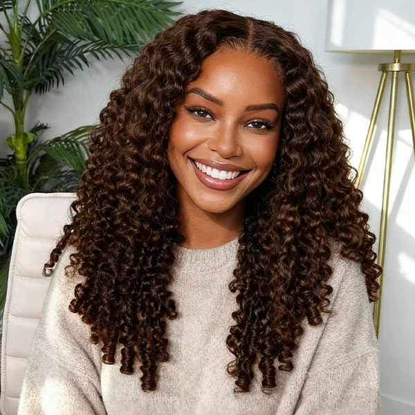 New In Luxury Wear Go 13x6 Chocolate Brown Burmese Curly Glueless Wig HD Lace Front Wig With Invisi Draw-strings