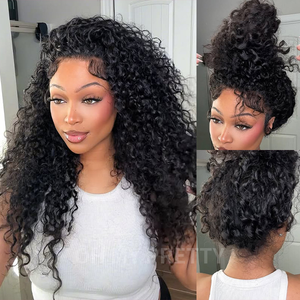 OMpretty 360 Water Wave Invisi Drawstring Wear Go Glueless Pre-Bleached And Pre-Cut Lace Human Hair Wig