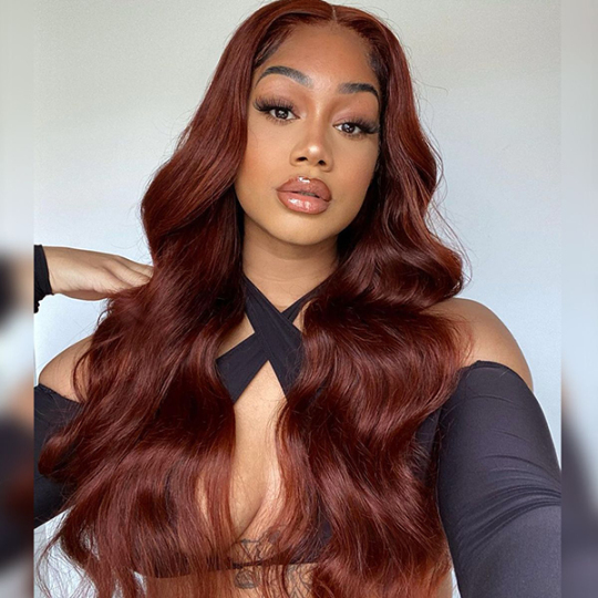 Reddish Brown Body Wave Shake And Go Wigs With Pre-Plucked Realistic Hairline