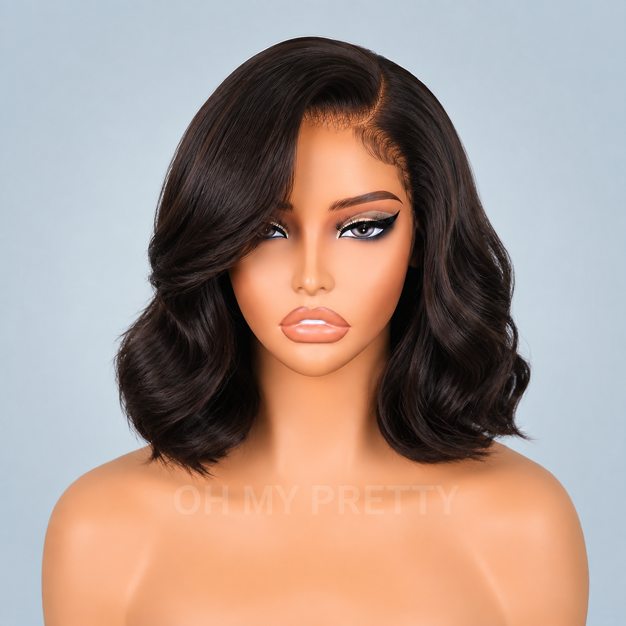 Soft waves or curls with layered cuts and side-swept bangs wig