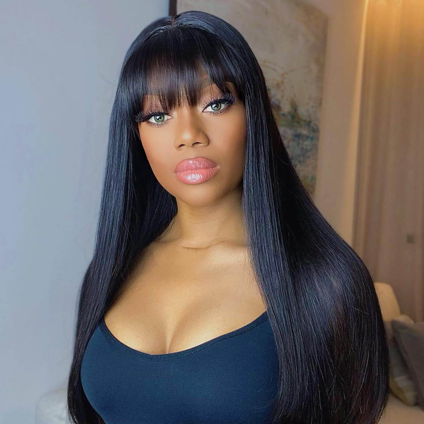 OhMyPretty Glueless Machine Made Realistic Scalp Soft Silky Straight Hair Wig with Bangs 100% Human Hair Wigs