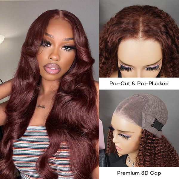 OhMyPretty Glueless Reddish Brown Color Body Wave Wear Go 6x4 HD Lace Wig With Pre-plucked Edges