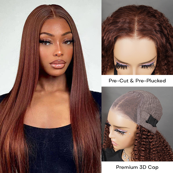 OhMyPretty Glueless Reddish Brown Color Straight Wear Go 6x4 HD Lace Wig With Pre-plucked Edges
