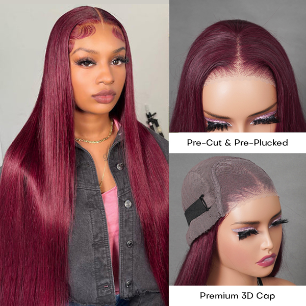 OhMyPretty Glueless 99J Color Straight Wear Go 6x4 HD Lace Wig With Pre-plucked Edges