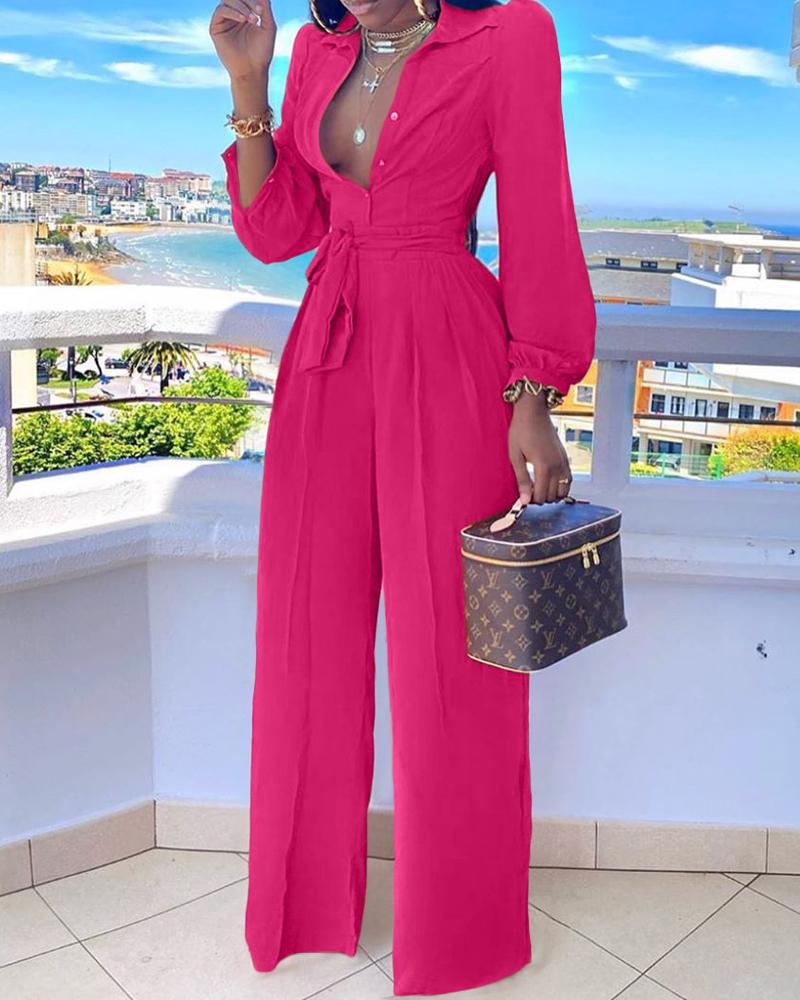 Casual Shirt Collar Jumpsuit with Belt测试