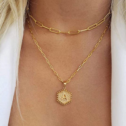 Layered Hexagon Letter Necklaces Paperclip Necklace Set for Women man Collier Chain Choker Initials Pendant Couple Jewelry Gifts