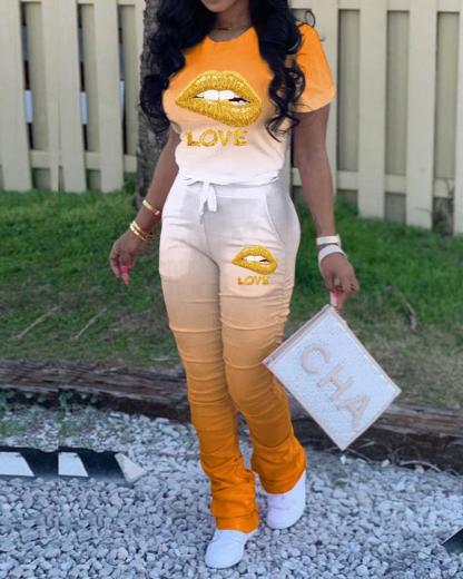 T-SHIRT Casual Short Sleeve O Neck Regular sleeve Regular Gradual change Lips Printed Two Pieces