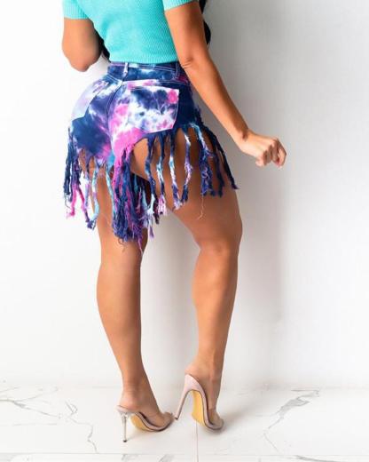 Tassel Tie-dye Denim Shorts测试