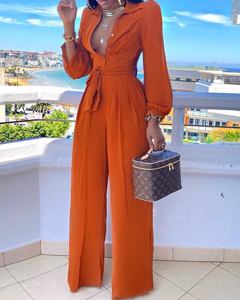 Casual Shirt Collar Jumpsuit with Belt测试