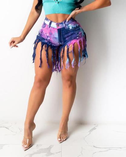 Tassel Tie-dye Denim Shorts测试