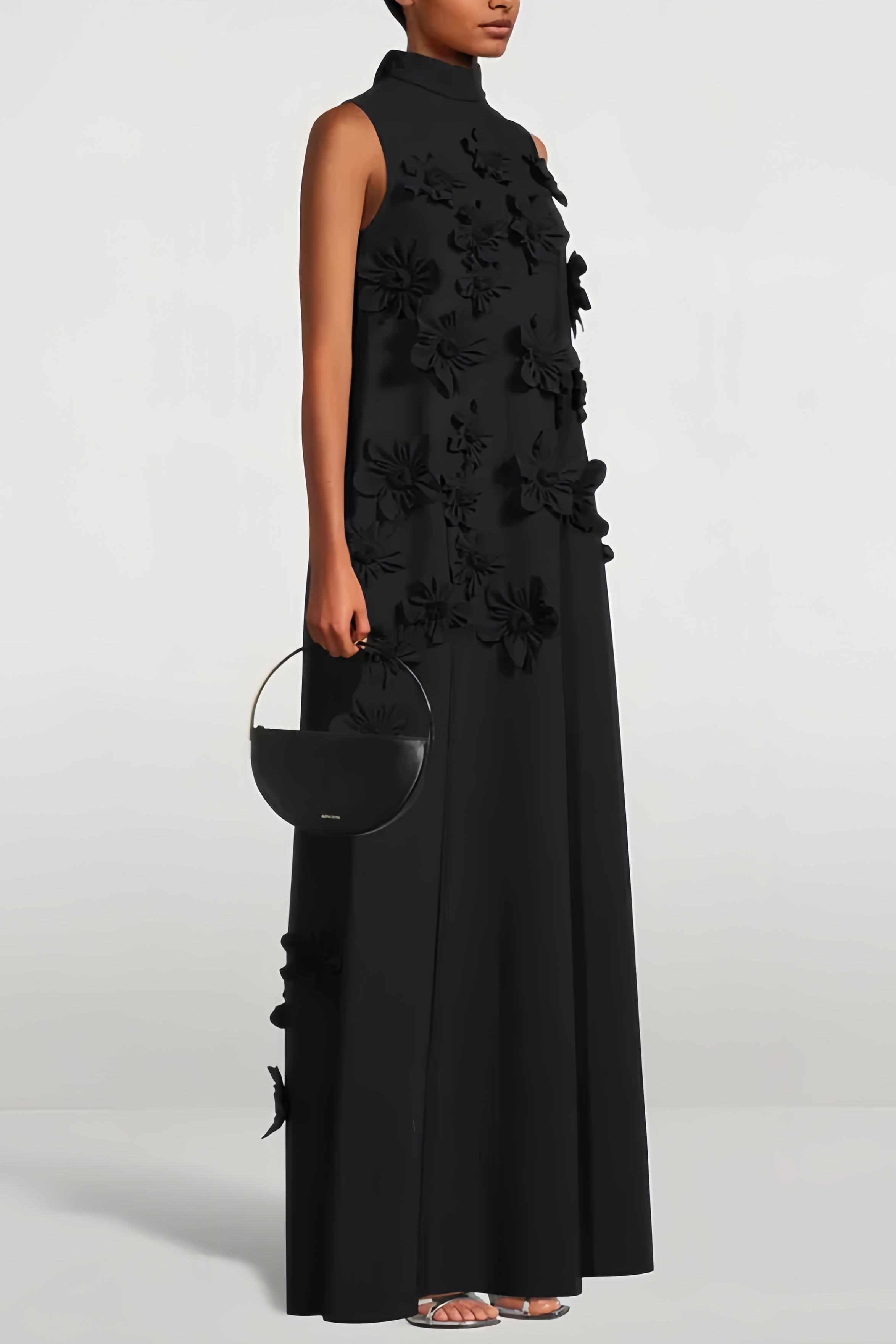 Daphne 3D Floral High Neck Sleeveless Maxi Dress-Black