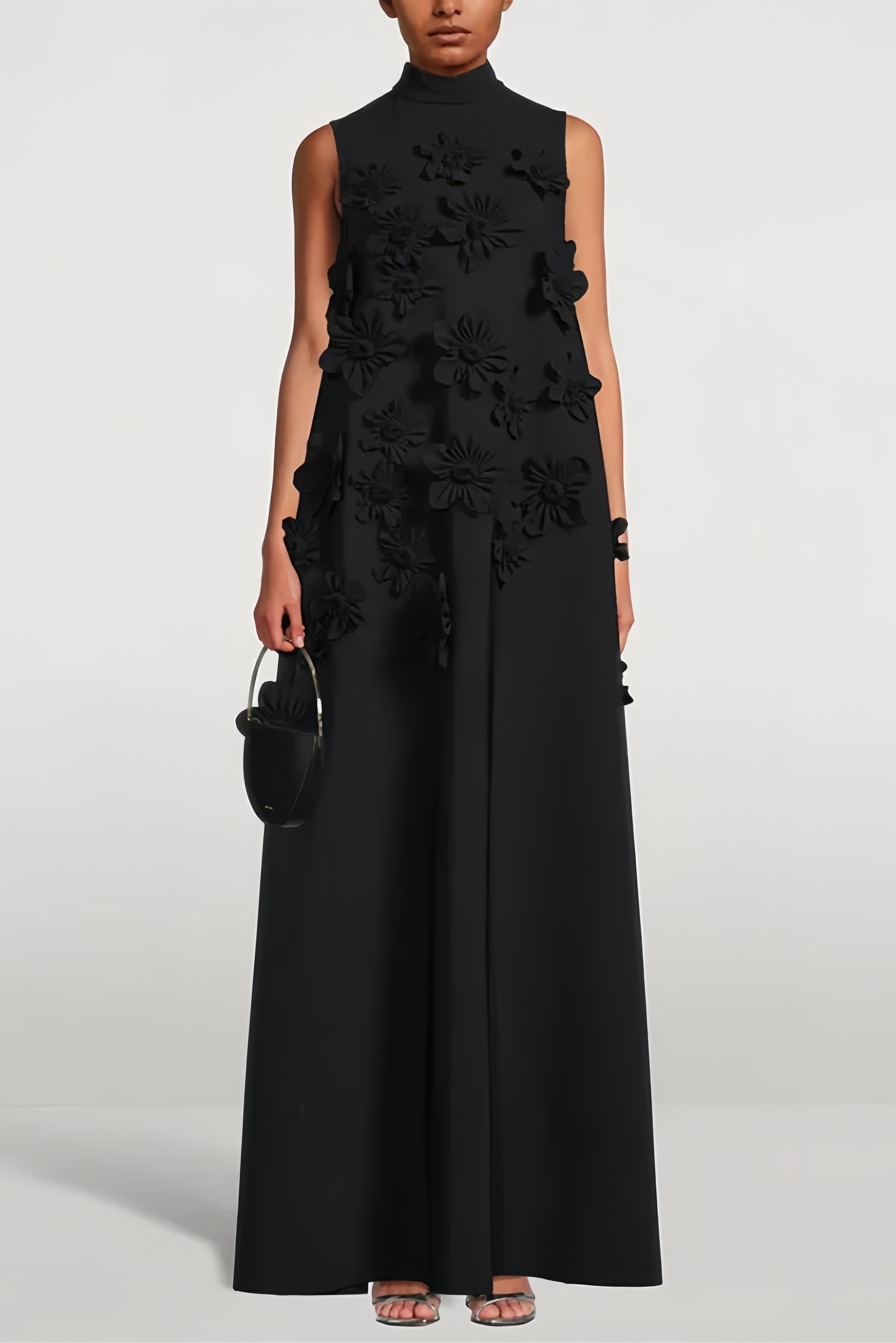 Daphne 3D Floral High Neck Sleeveless Maxi Dress-Black