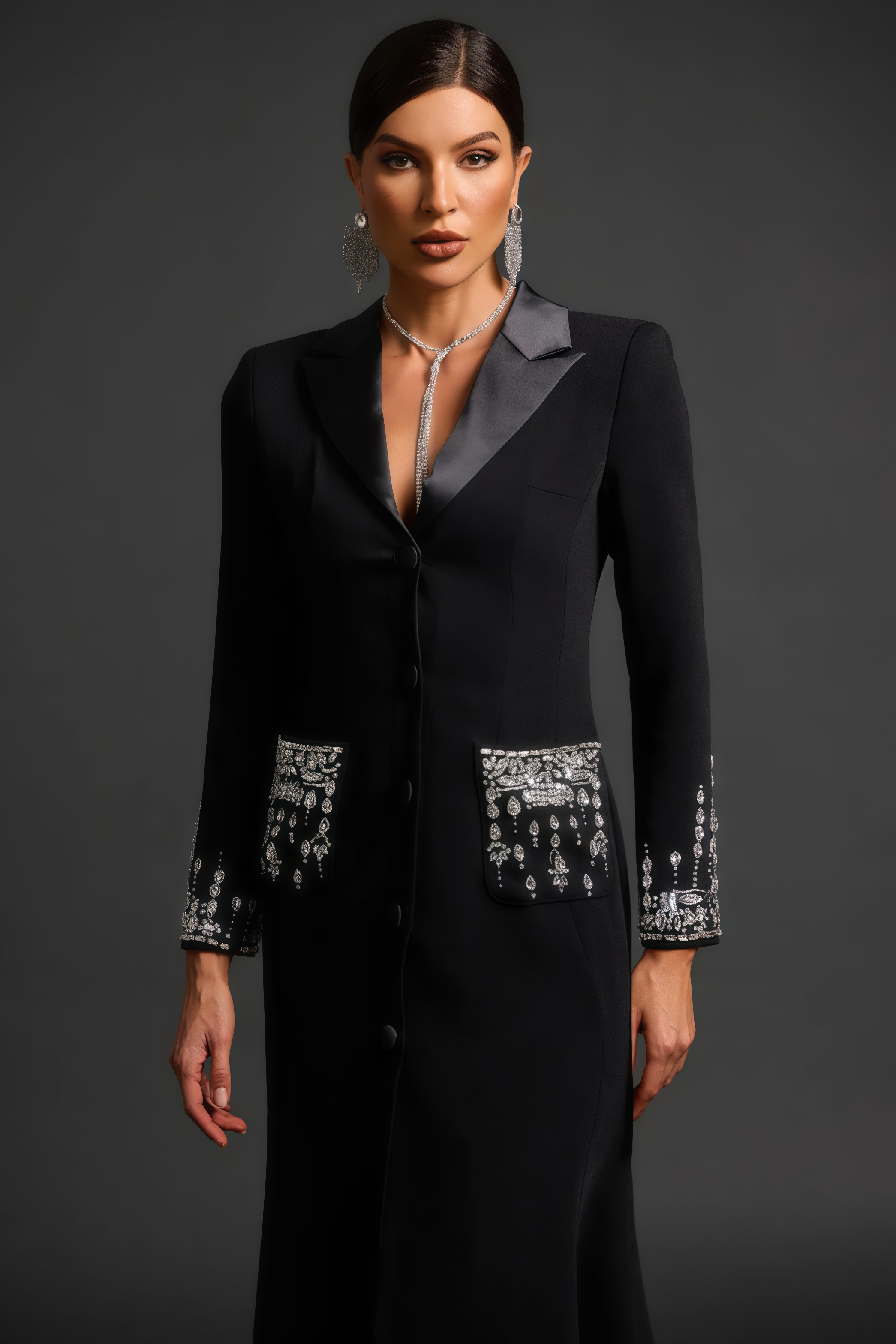 Zeno Deep-V Diamond Suit High Slit Maxi Dress