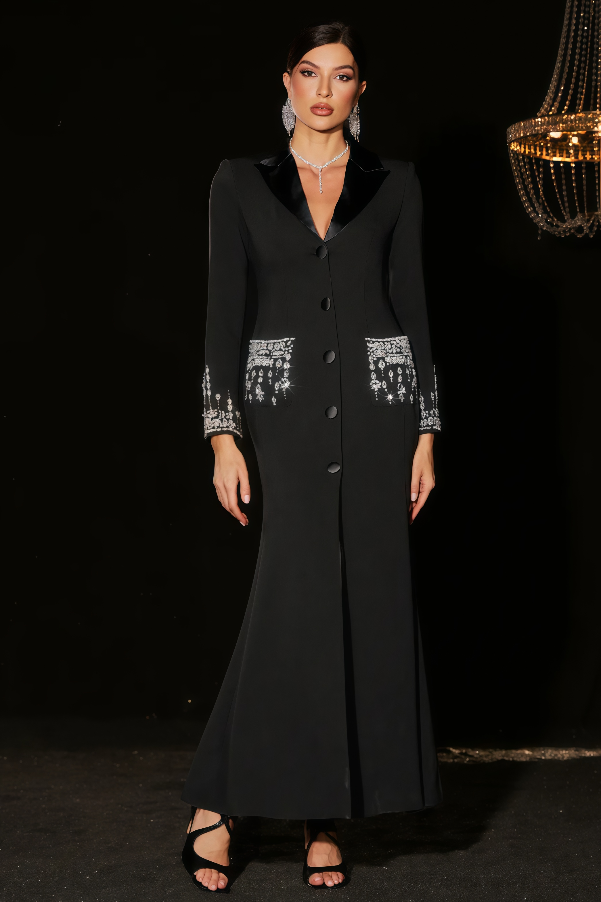 Zeno Deep-V Diamond Suit High Slit Maxi Dress