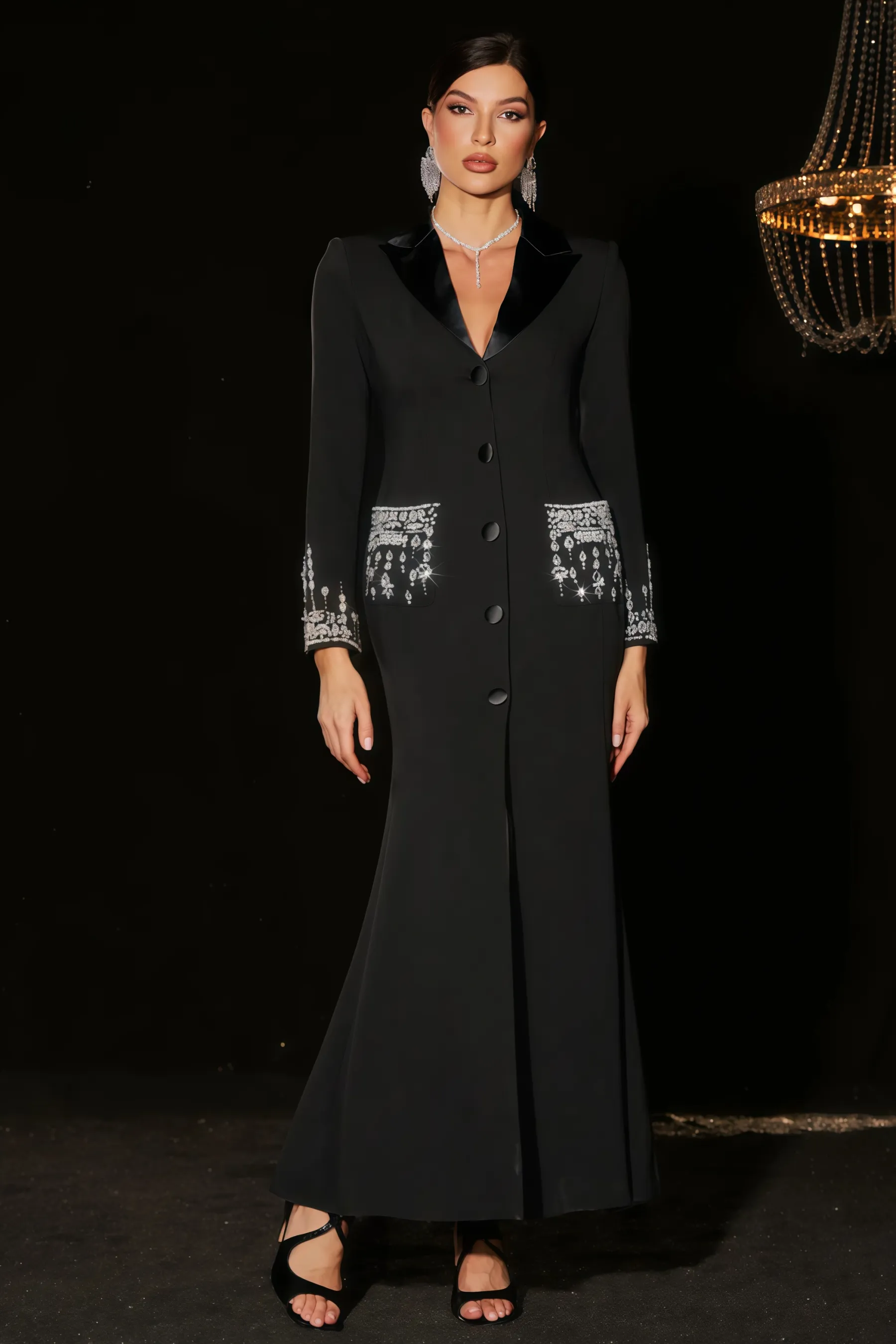 Zeno Deep-V Diamond Suit High Slit Maxi Dress