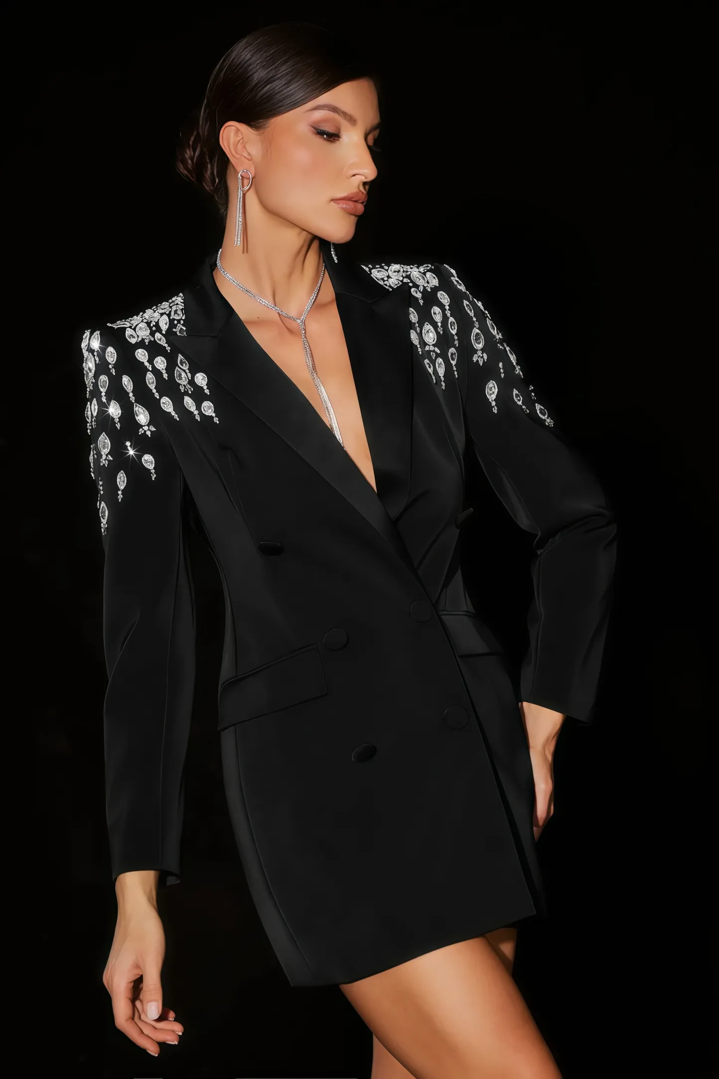 Niera Diamond Embellishment Blazer-Black