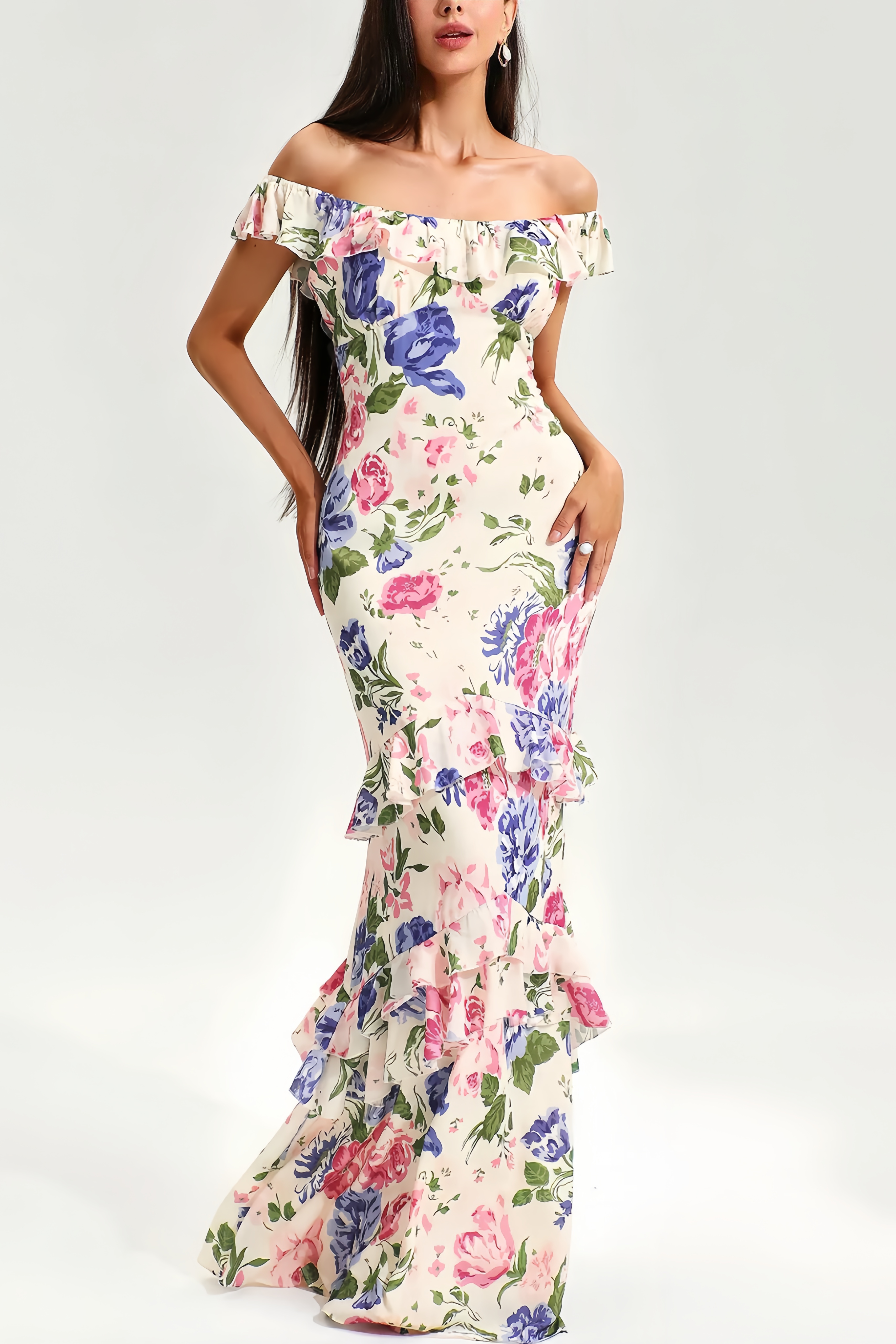 Eseld Floral Tiered Ruffle Hem Fishtail Maxi Dress