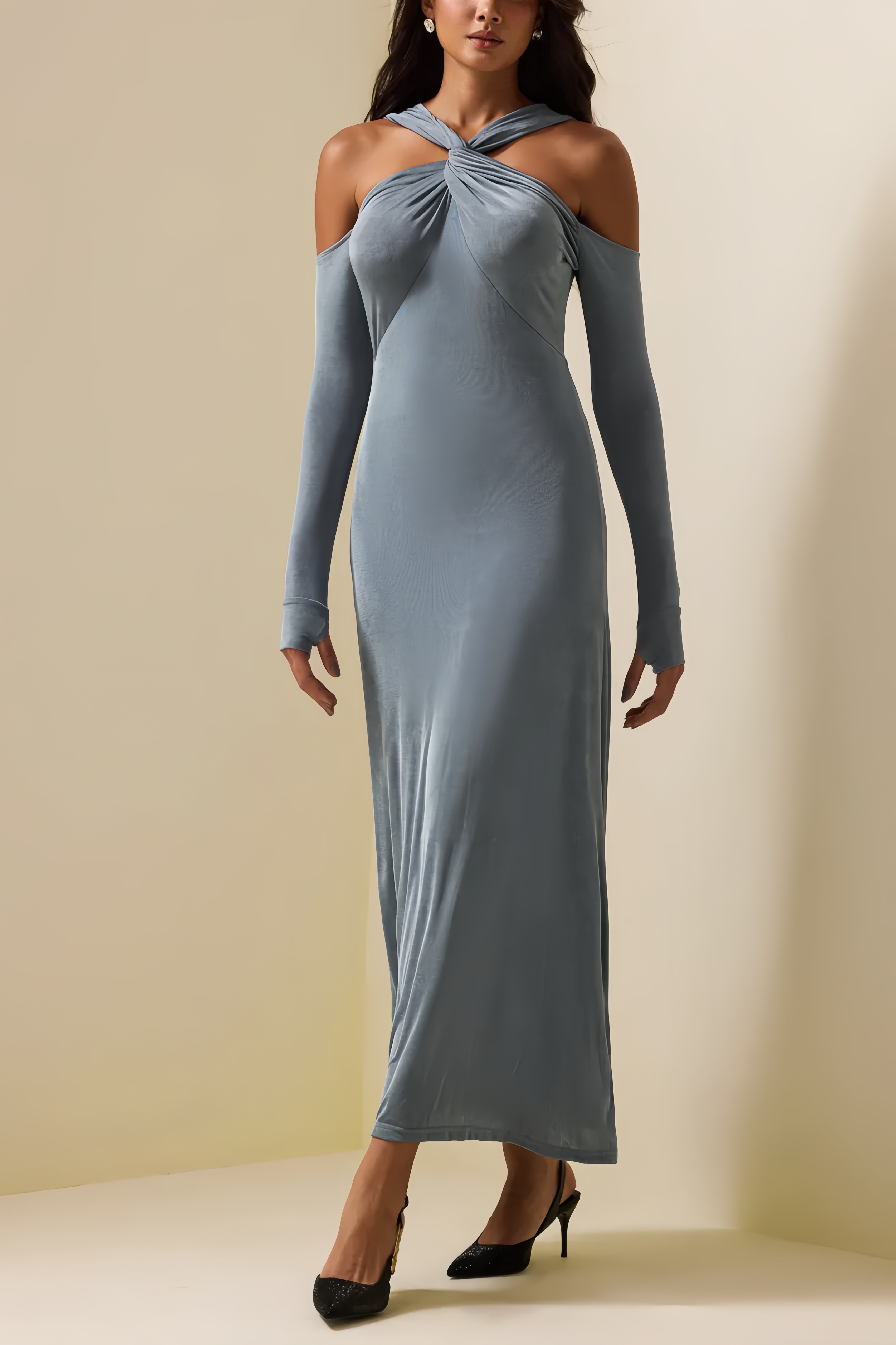 Violette Knit Solid Knotted Cross collar Midi Dress