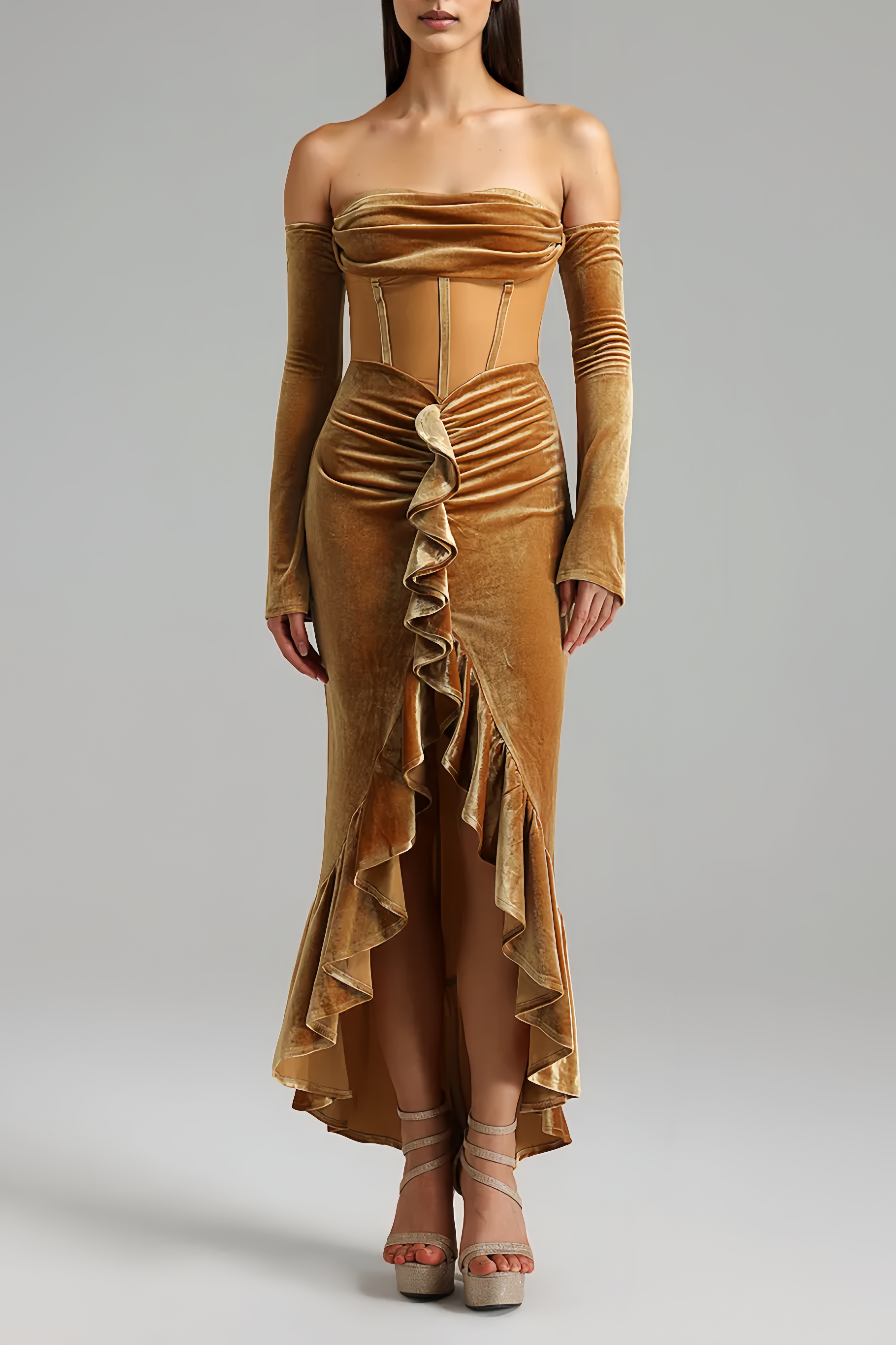 Maris Open Shoulder Velvet Midi Dress