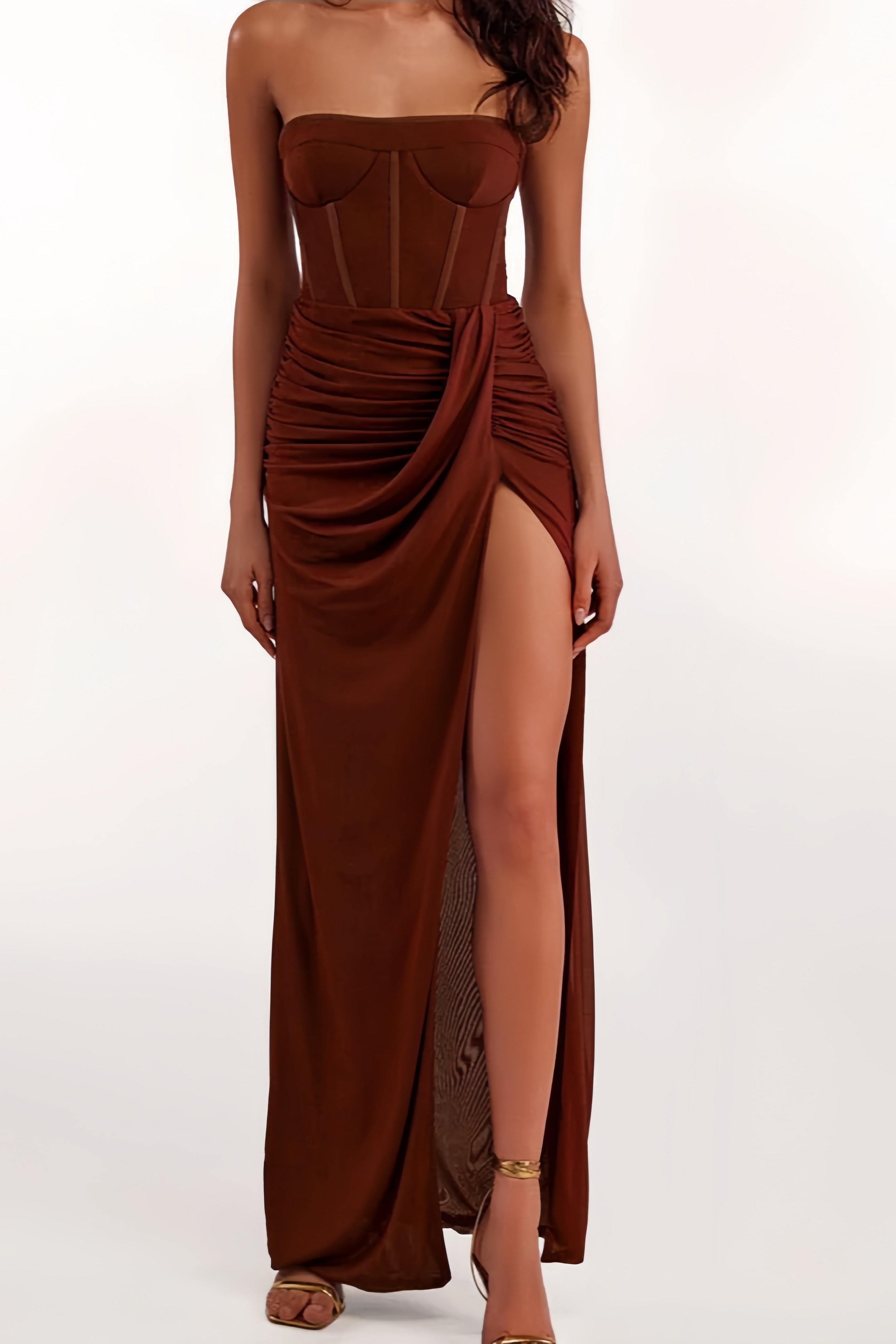 Zephyr Strapless Pleated Dress-Brown