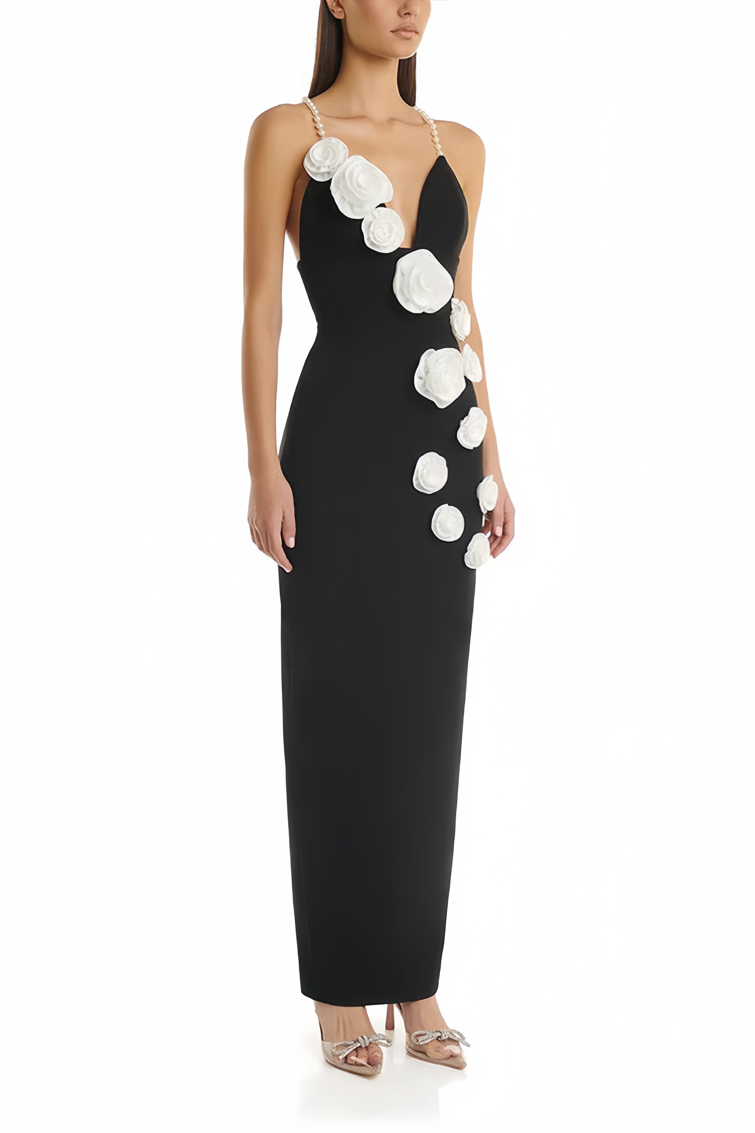 Querida Black White Spaghetti Flower Patchwork Maxi Dress