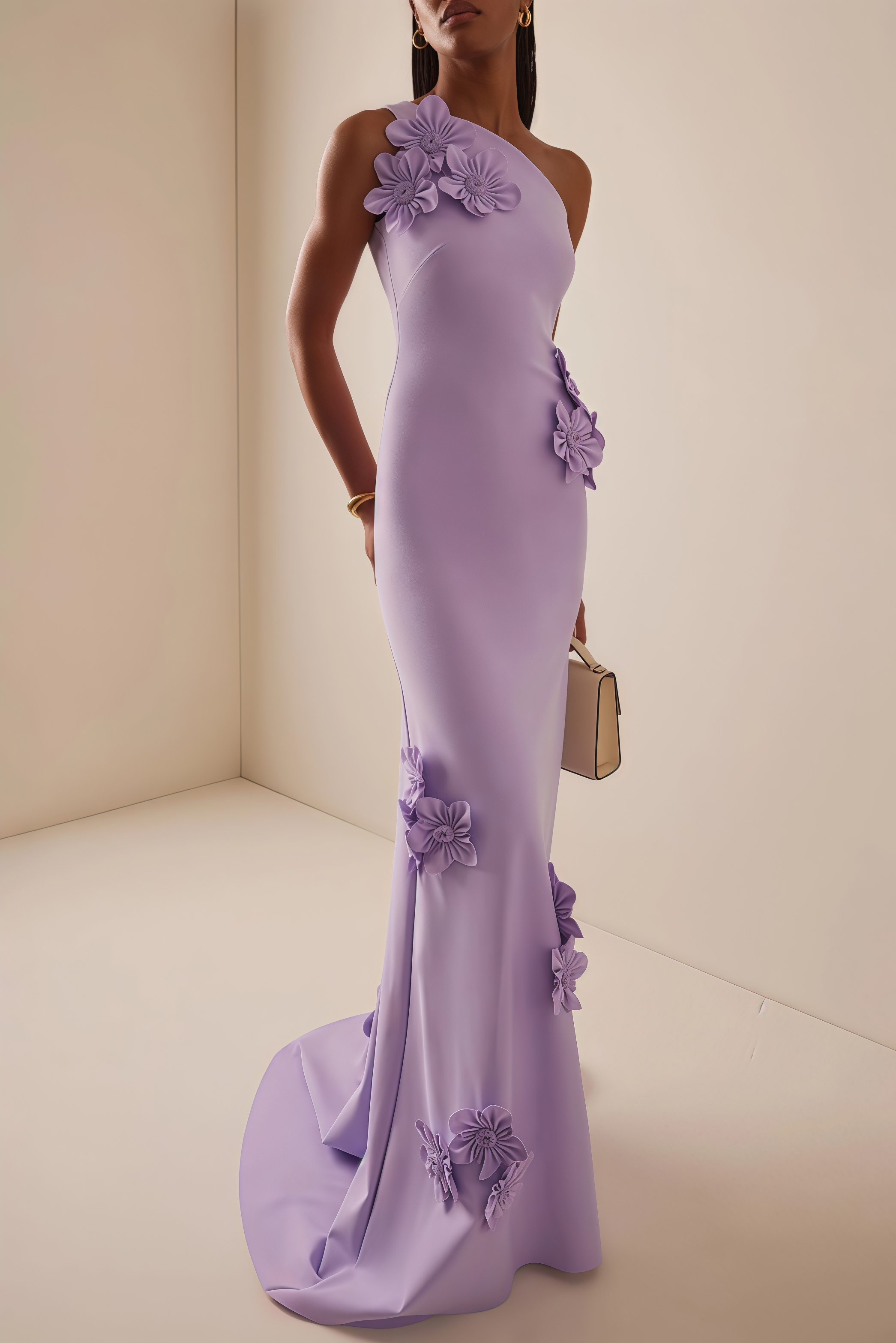 Niverk Satin 3D Flower Skew Collar Maxi Dress