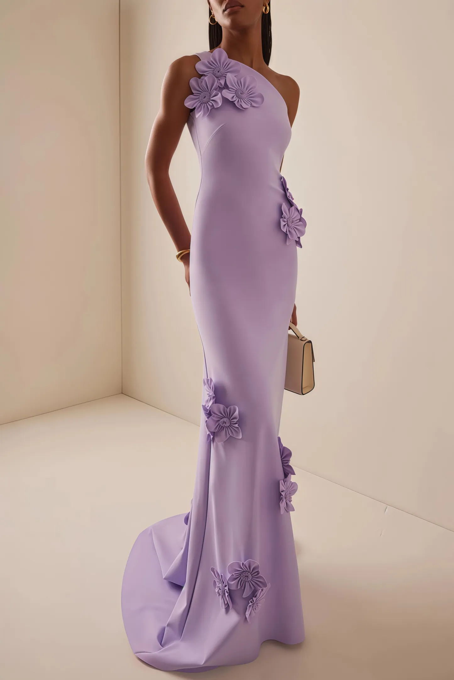 Niverk Satin 3D Flower Skew Collar Maxi Dress