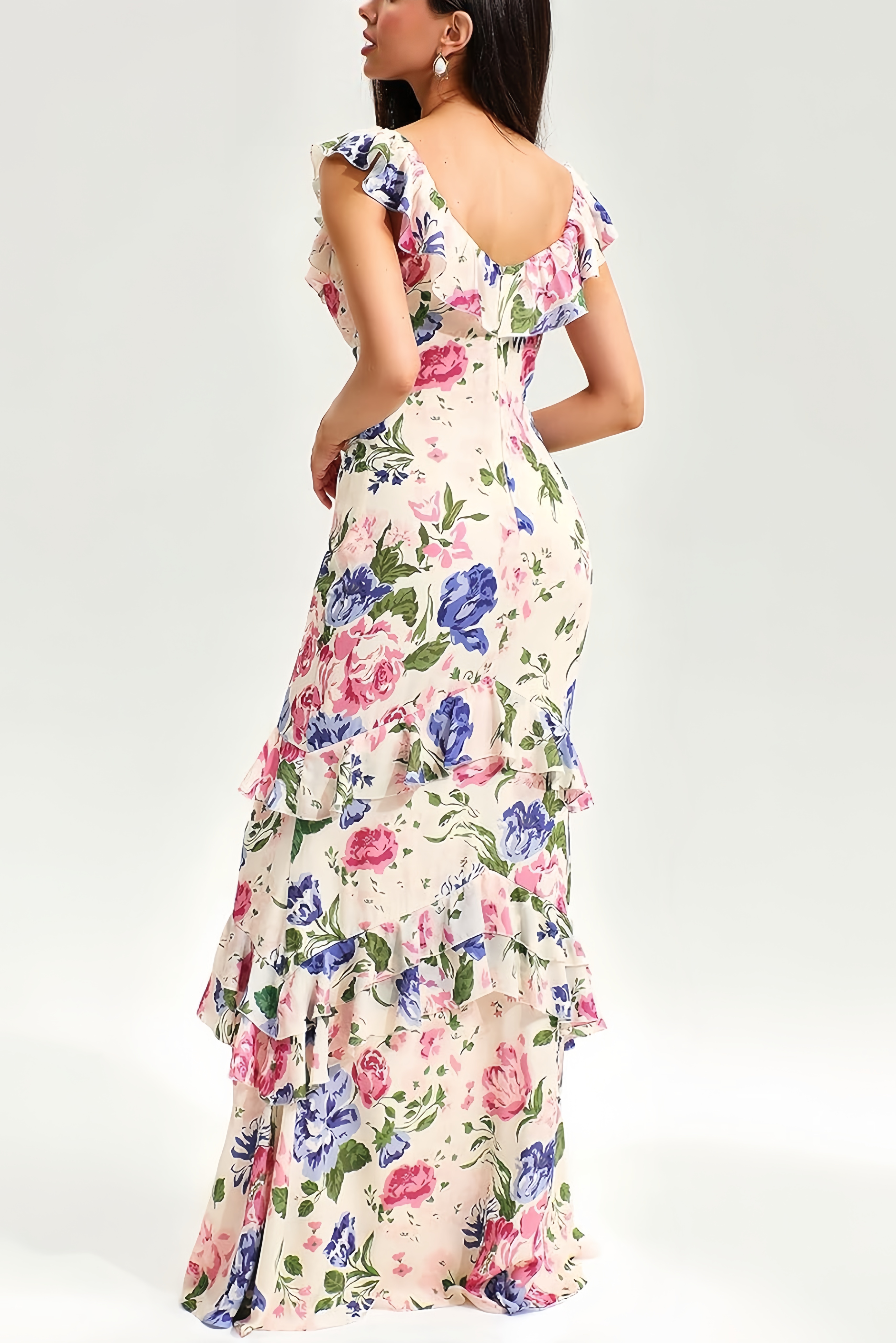 Eseld Floral Tiered Ruffle Hem Fishtail Maxi Dress