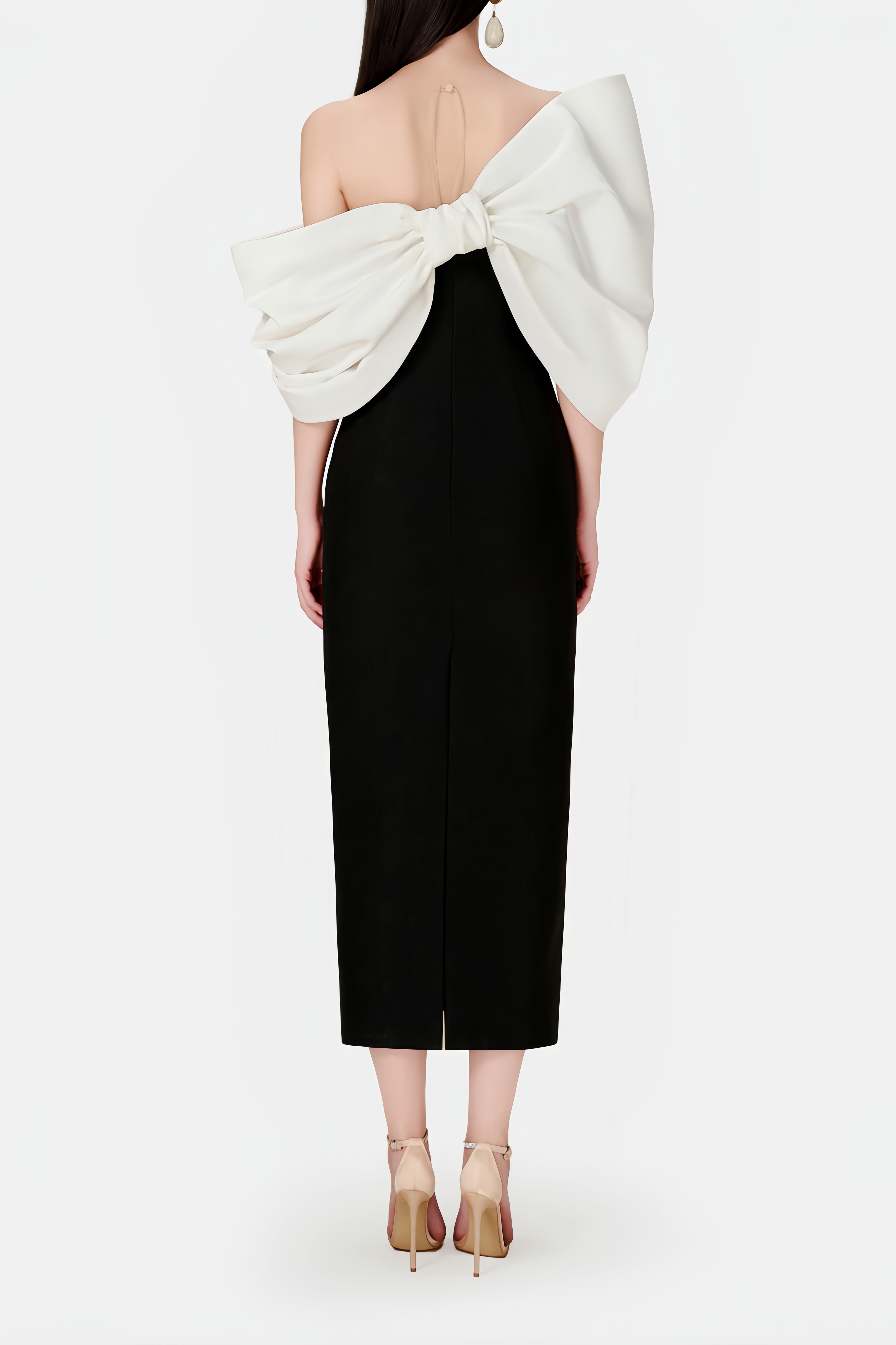 Delilah Bow Off-Shoulder Asymmetrical Midi Dress