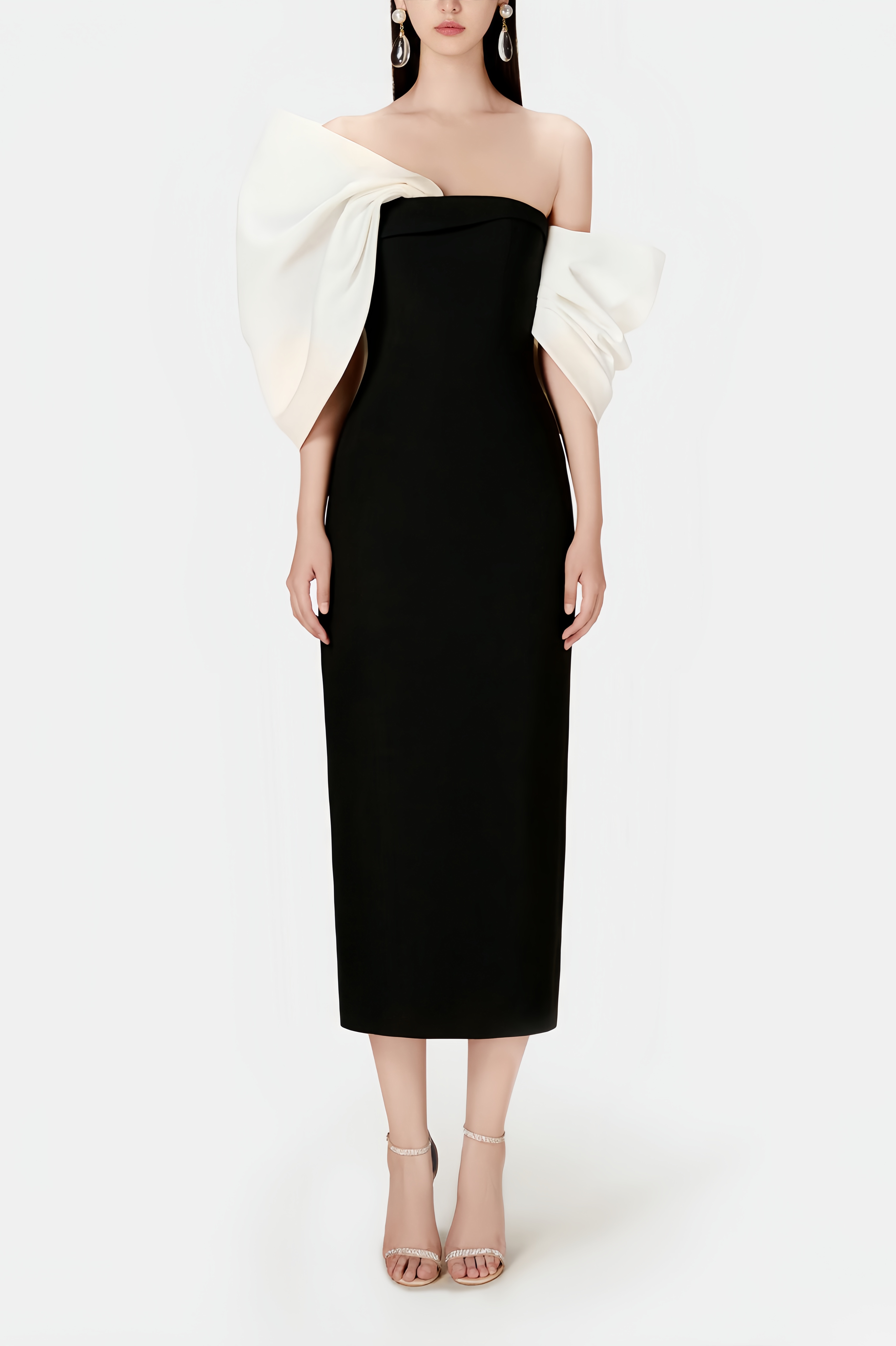 Delilah Bow Off-Shoulder Asymmetrical Midi Dress