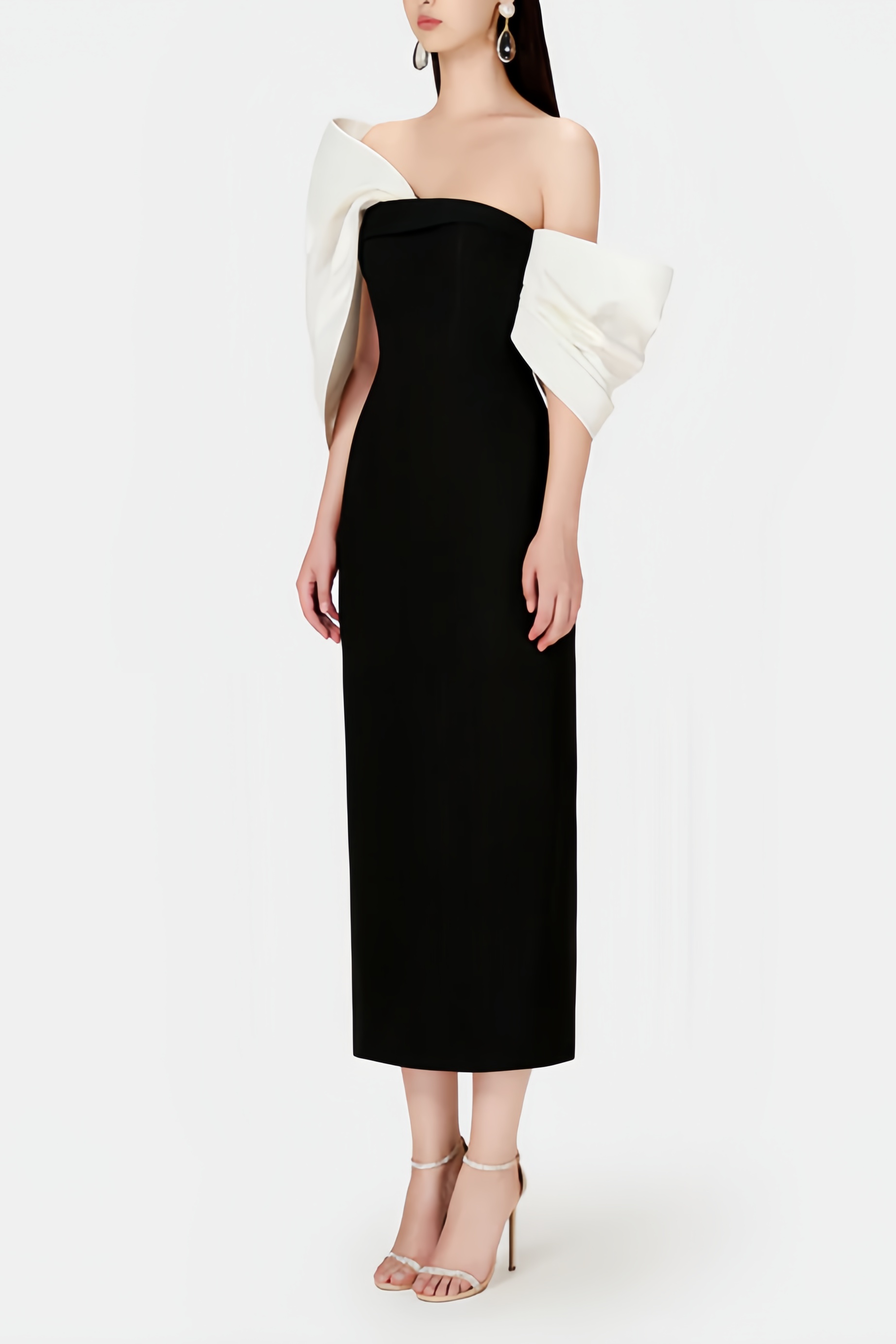 Delilah Bow Off-Shoulder Asymmetrical Midi Dress