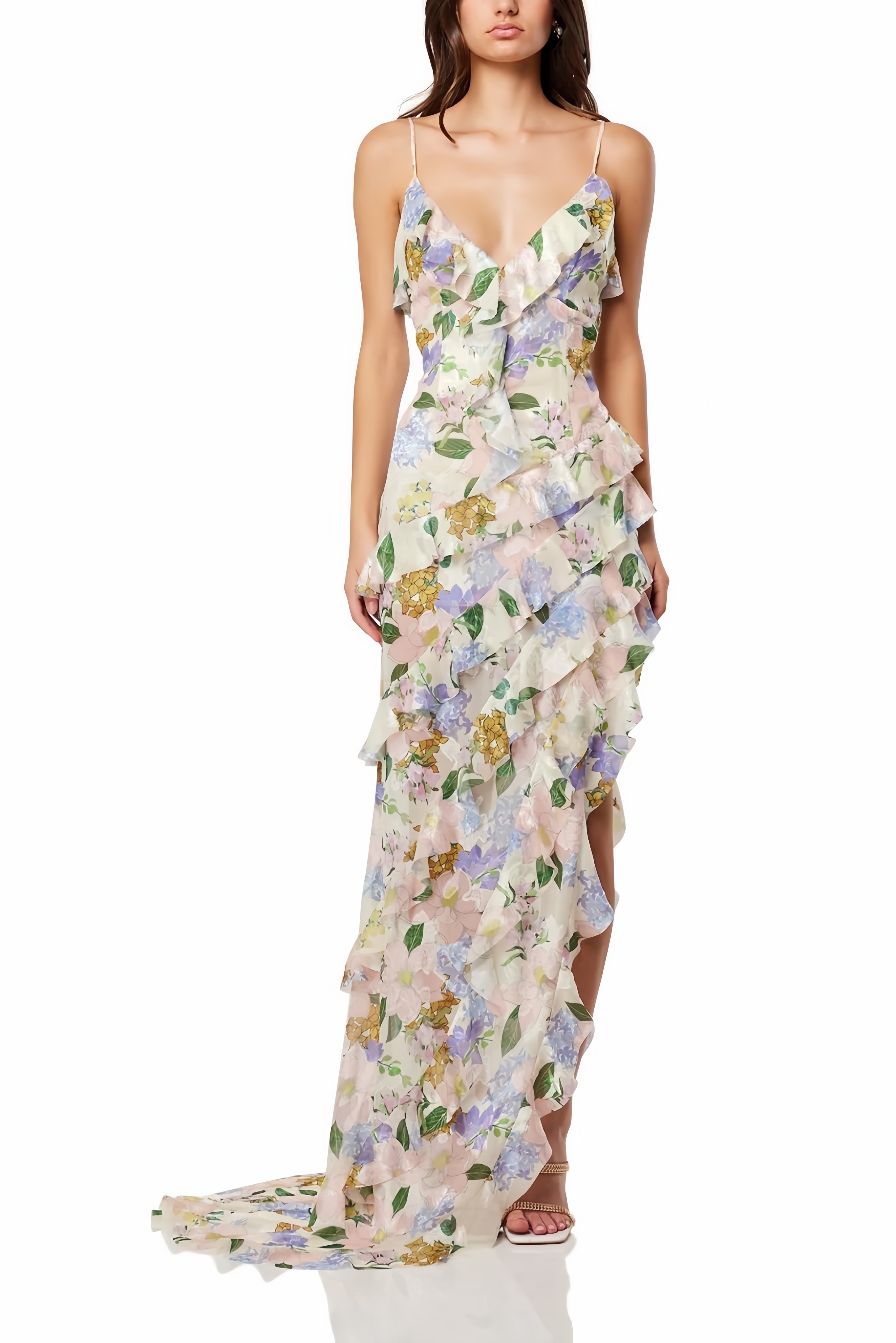 Adeline Printed V-neck strapless Maxi dress