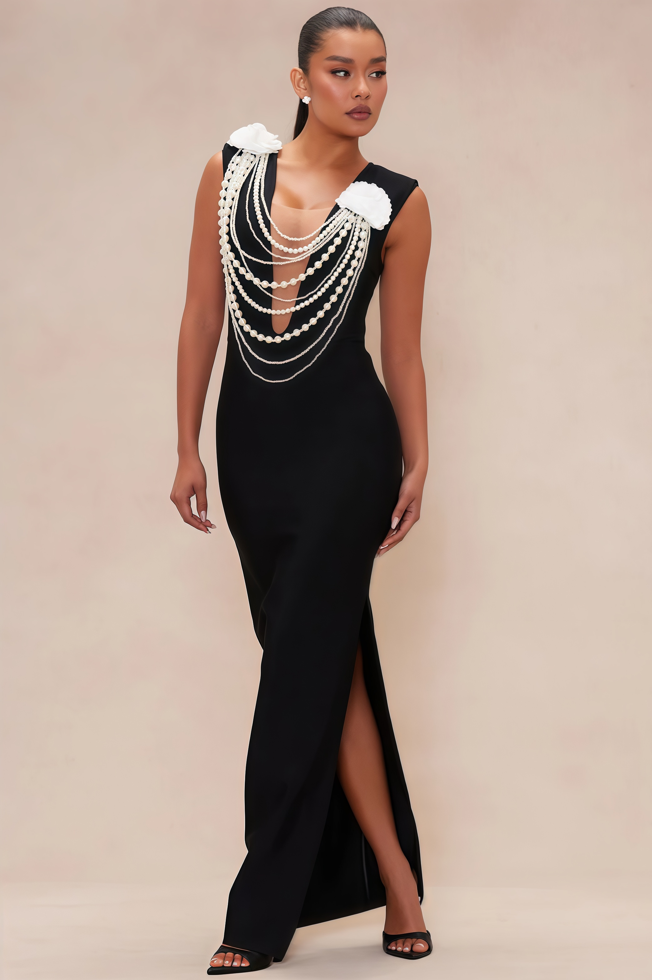 Avra Pearl Beaded Chain 3D Floral Maxi Dress
