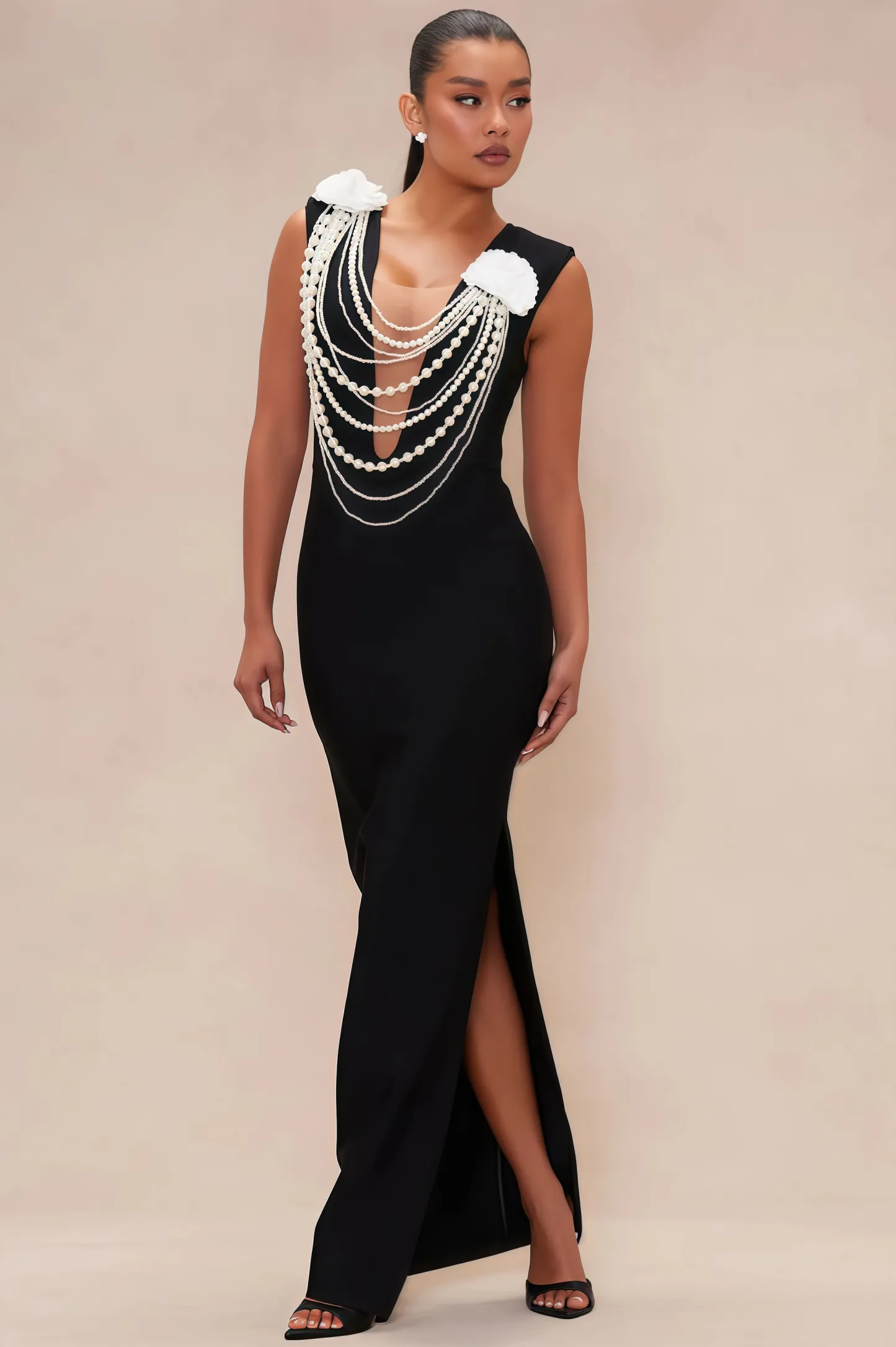 Avra Pearl Beaded Chain 3D Floral Maxi Dress