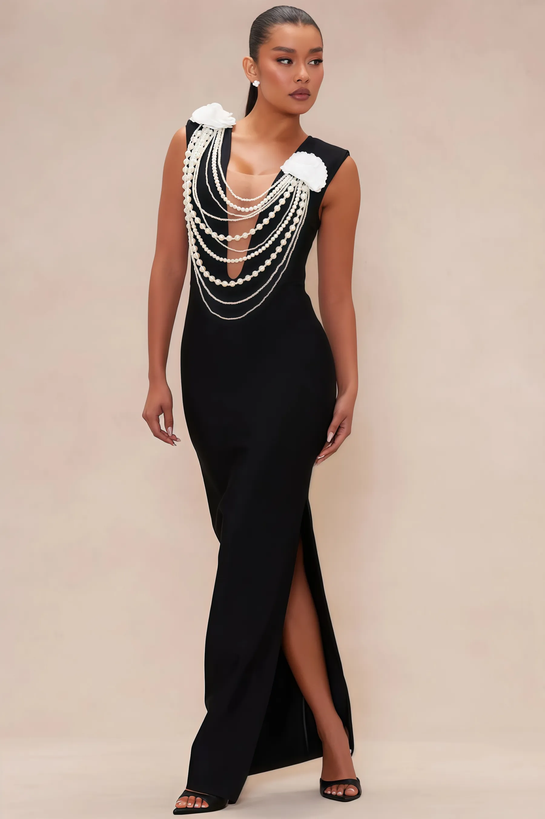 Avra Pearl Beaded Chain 3D Floral Maxi Dress