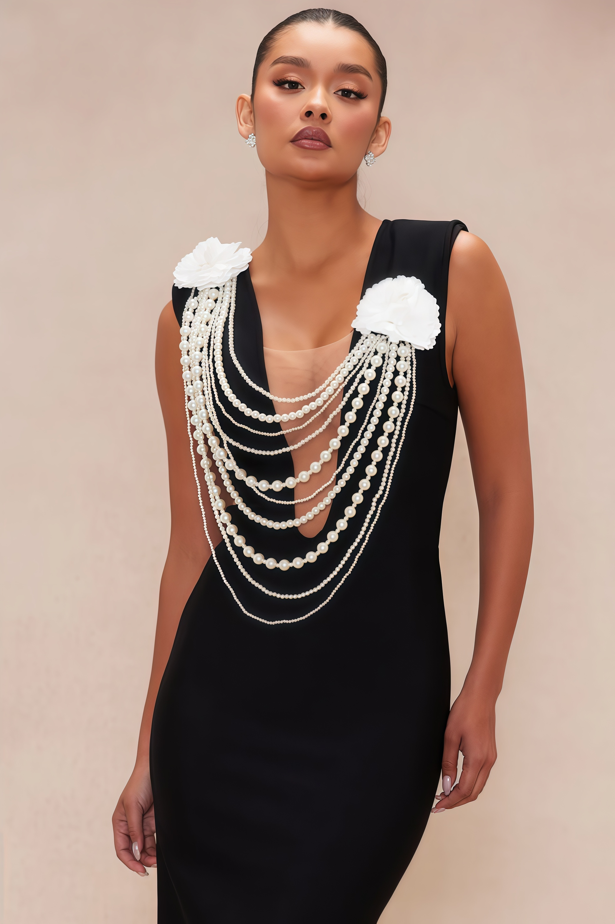 Avra Pearl Beaded Chain 3D Floral Maxi Dress
