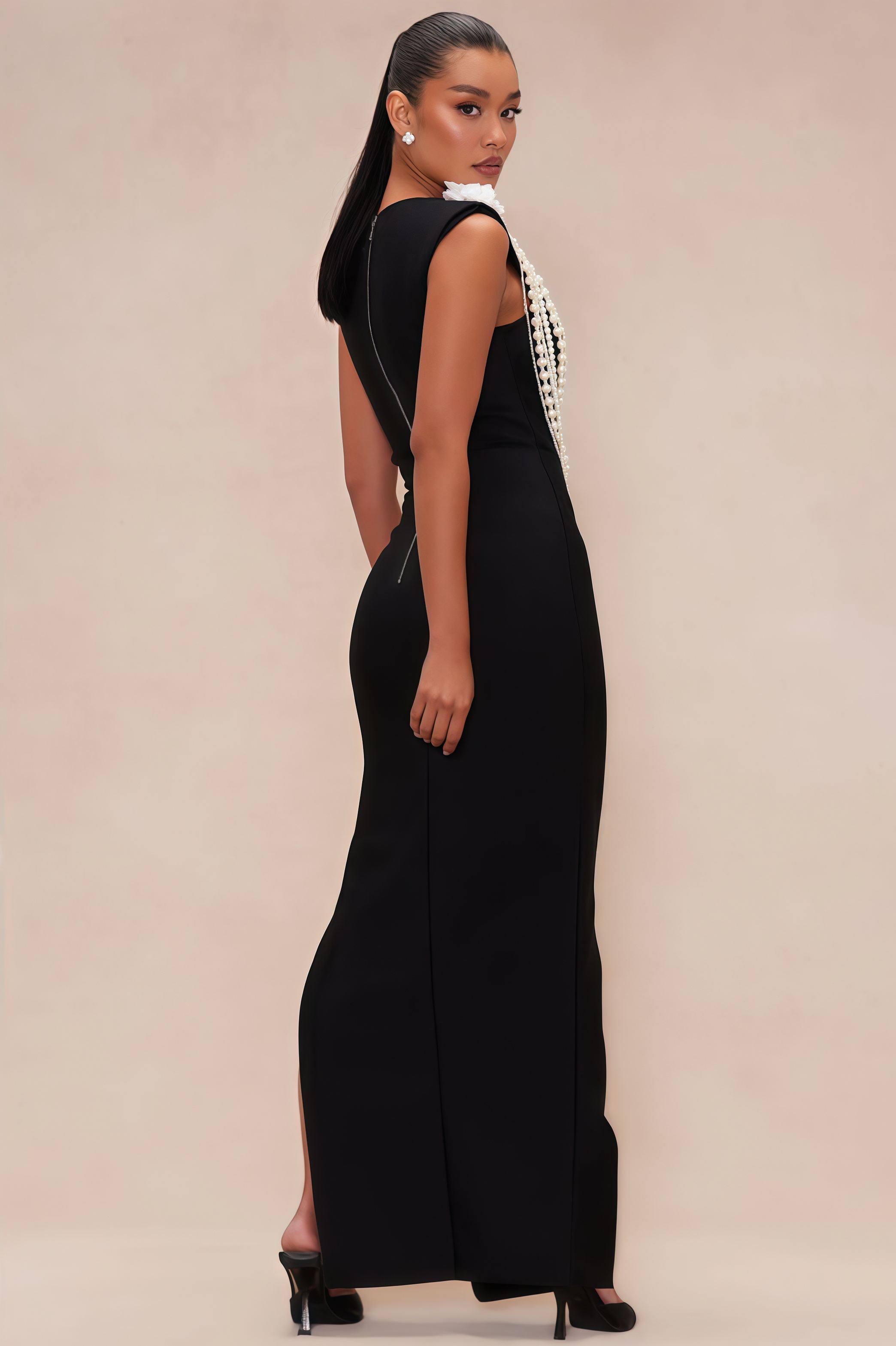 Avra Pearl Beaded Chain 3D Floral Maxi Dress
