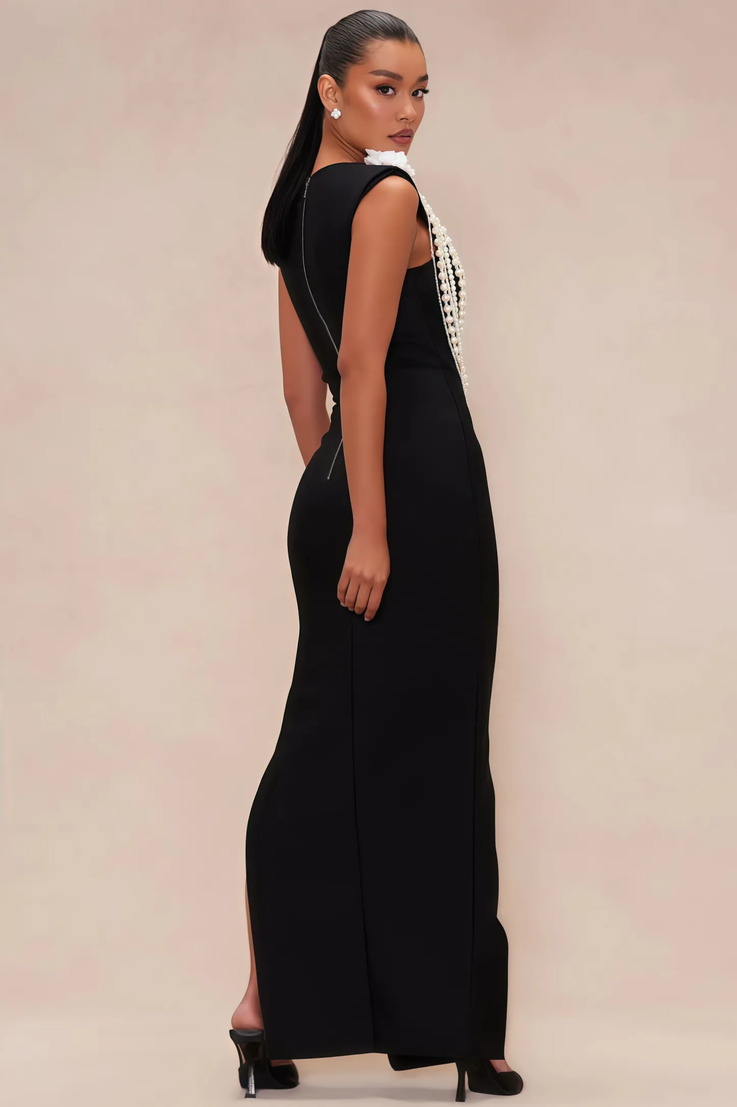 Avra Pearl Beaded Chain 3D Floral Maxi Dress