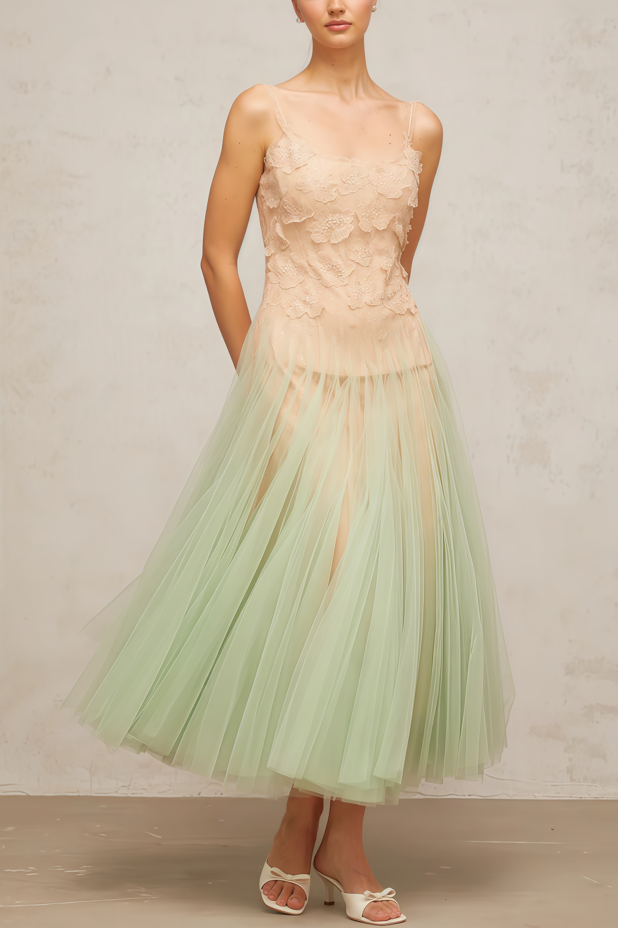 Ylane Halter Mesh Puff Maxi Dress