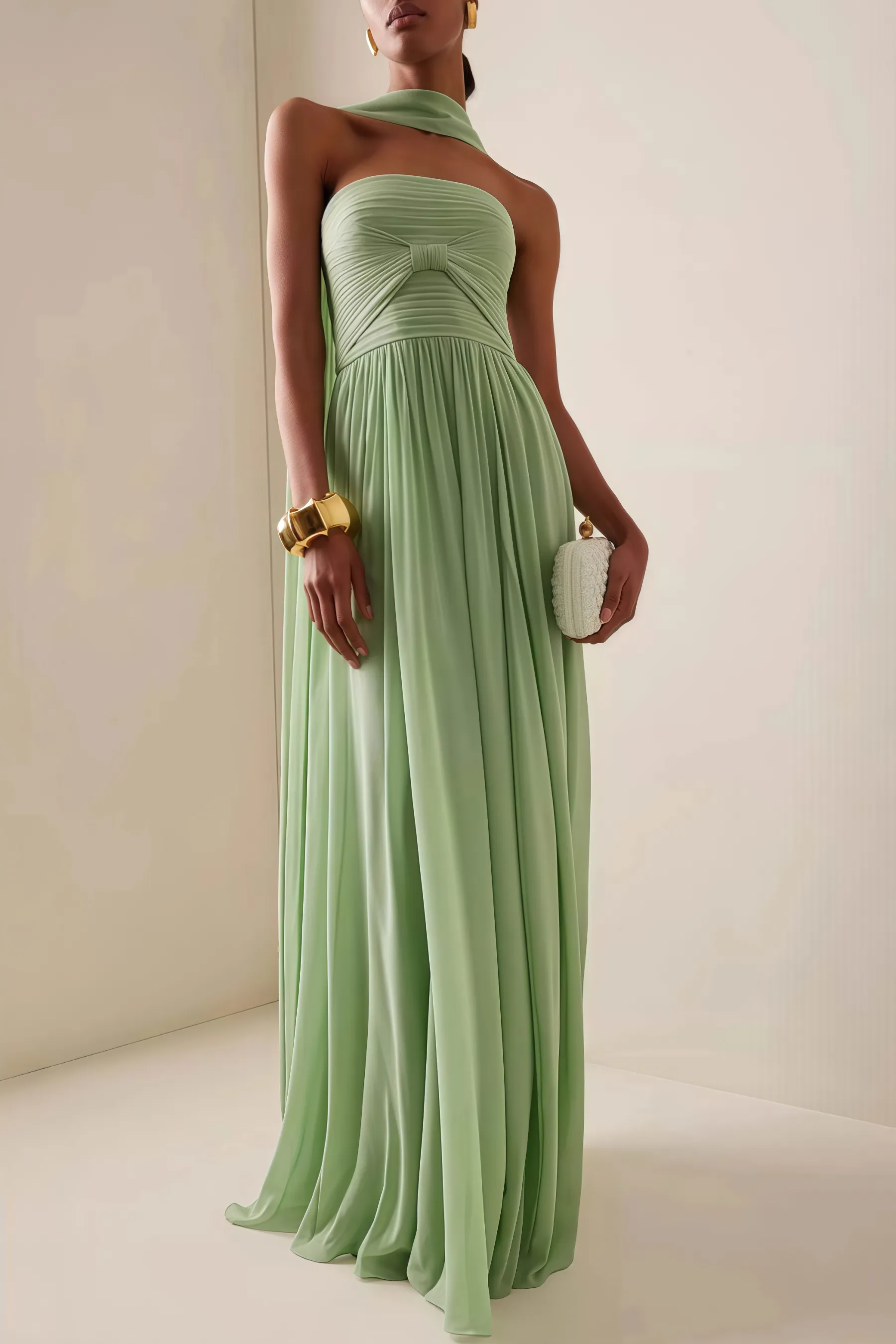 Bellke Green Pleated Strapless Maxi Dress