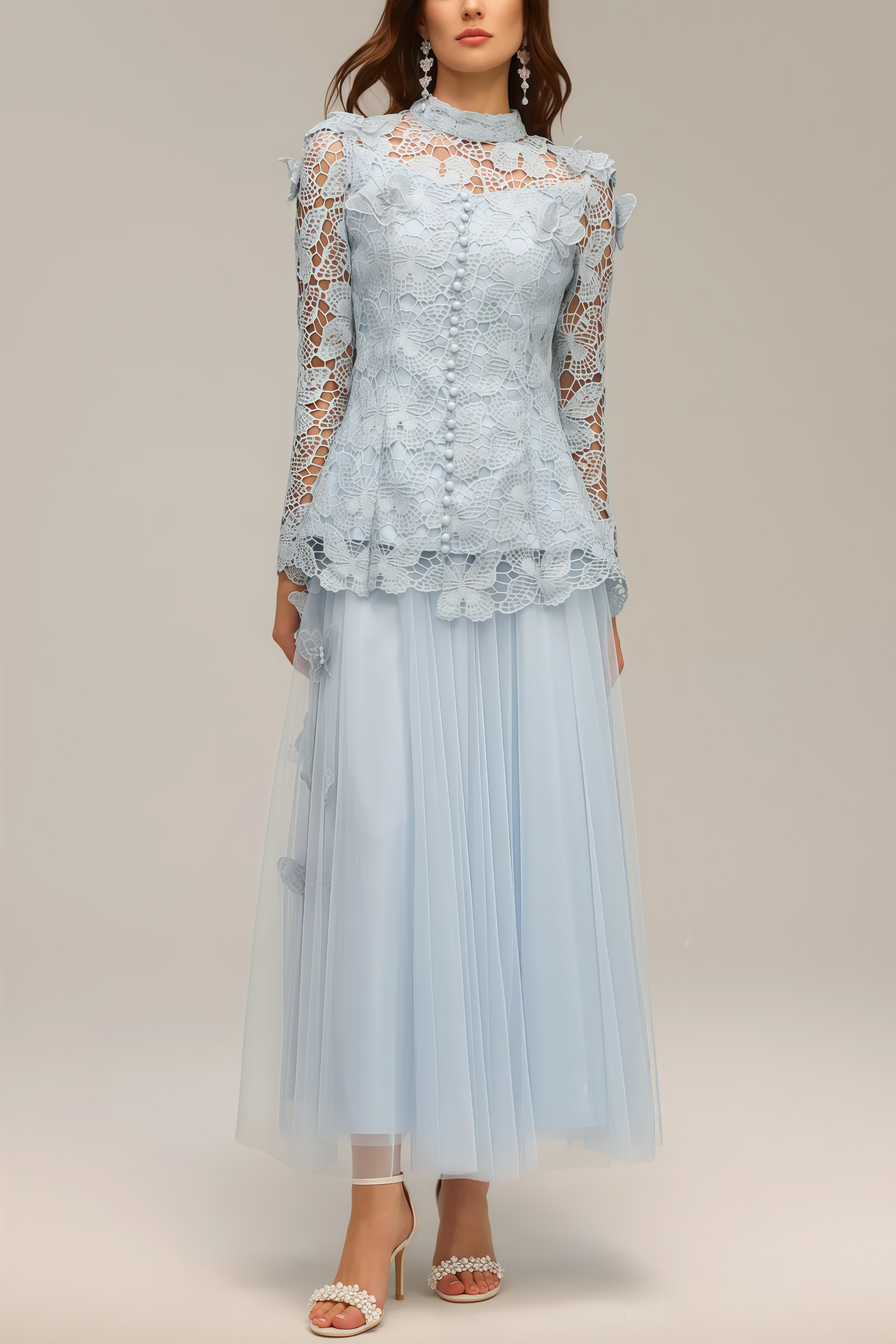 Hurof Folds Lace Butterfly Top Dress Two-Piece Set