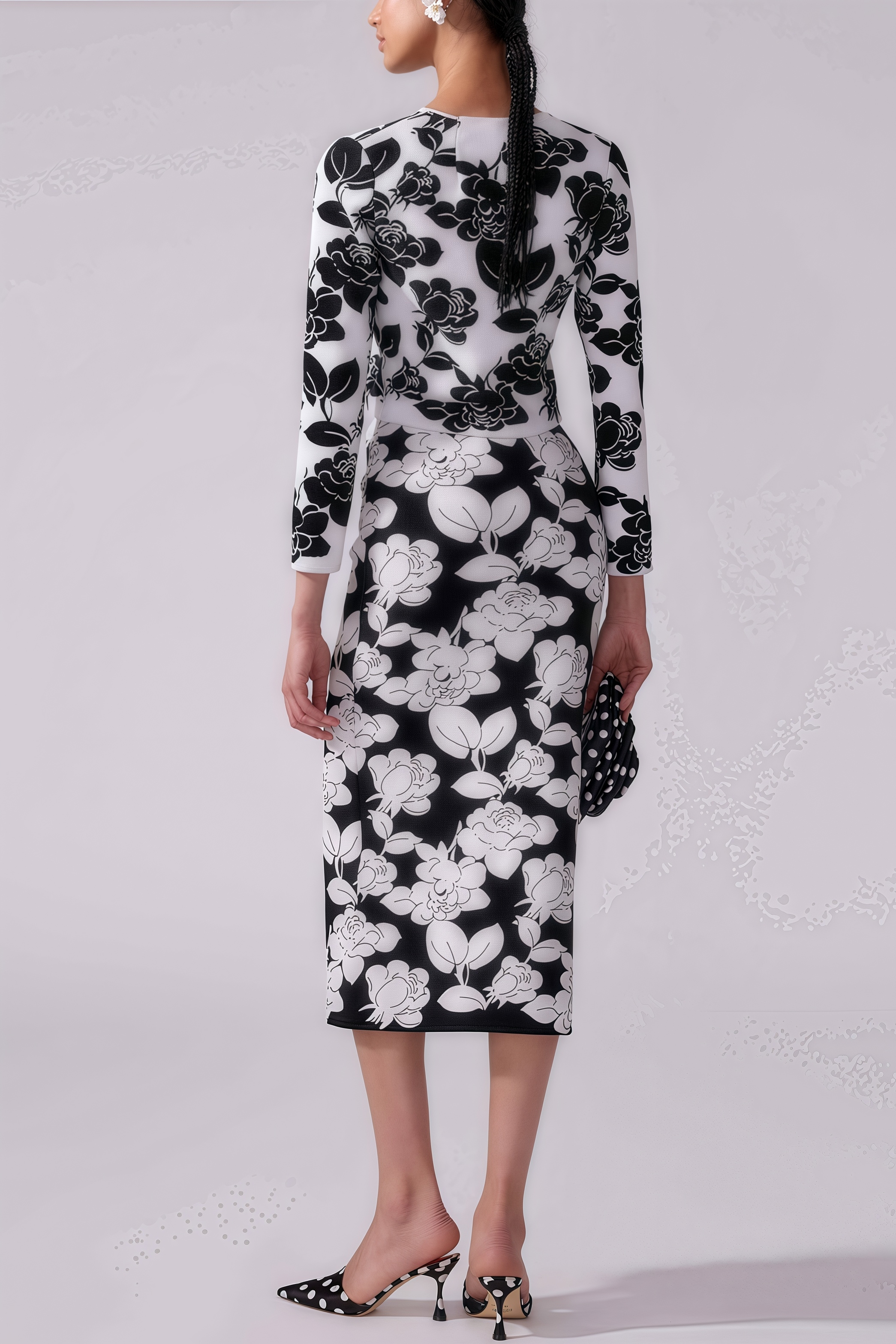 Elian Black and White Floral Midi Dress Set