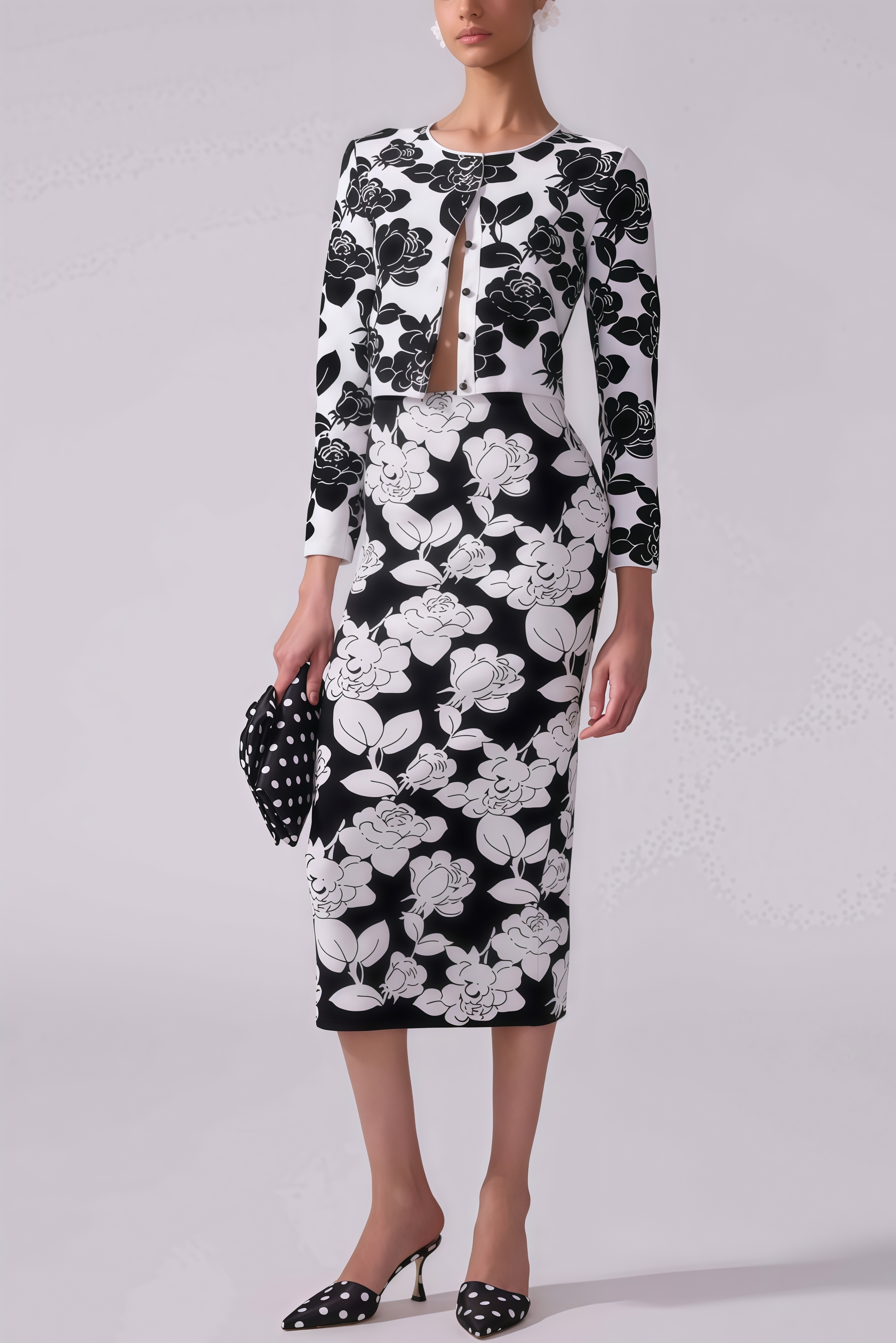 Elian Black and White Floral Midi Dress Set