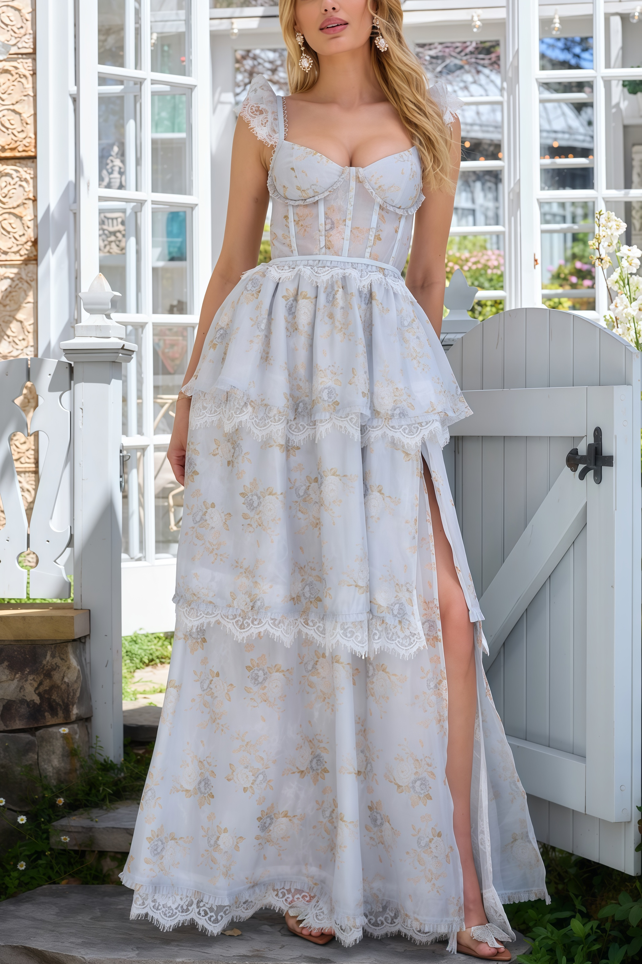 Brion Blue Lace Print Maxi Dress